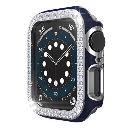 Apple Watch 7 Serisi 45mm Çift Sıra Parlak Taşlı Rubber Kasa Kapak