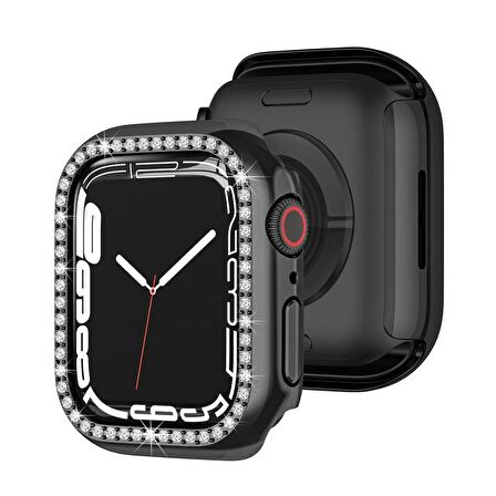 Apple Watch 7 45mm Uyumlu Tek Sıra Parlak Taşlı Rubber Kasa Kapak