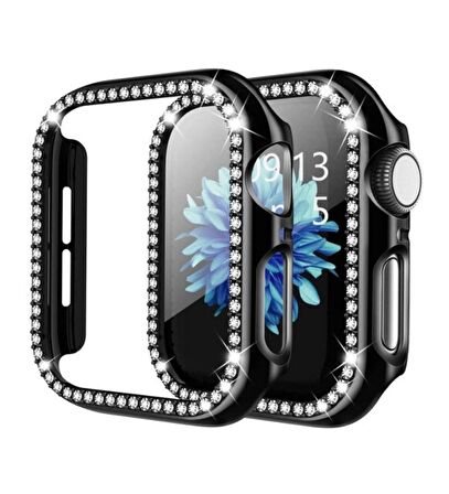 Apple Watch 7 45mm Uyumlu Tek Sıra Parlak Taşlı Rubber Kasa Kapak