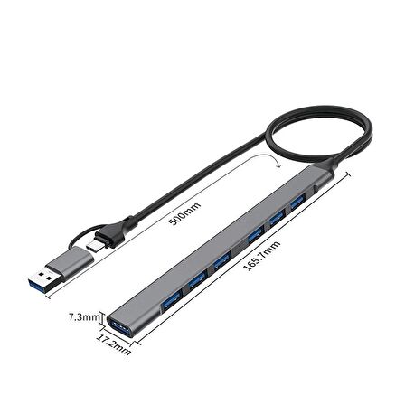 7in2 USB 3.0 Type-C 1xUSB 3.0 6xUsb 2.0 HUB Otg Çoğaltıcı UCA9702