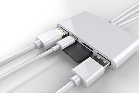 5in1 Allround iPhone Type-C Usb 2xUsb Sd Tf Kart Şarj Adaptörü
