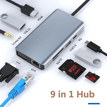 Type-C 9in1 4K Hdmi Vga Rj45 Micro SD TF 3.5mm 2xUsb Şarj Çevirici Hub