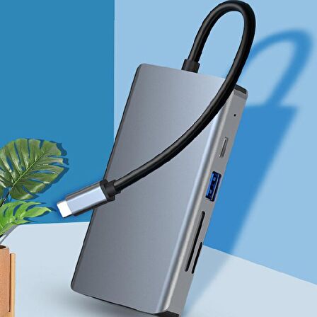 Type-C 9in1 4K Hdmi Vga Rj45 Micro SD TF 3.5mm 2xUsb Şarj Çevirici Hub