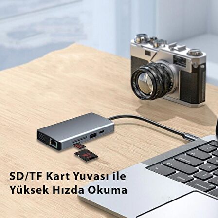 Type-C 9in1 4K Hdmi Vga Rj45 Micro SD TF 3.5mm 2xUsb Şarj Çevirici Hub