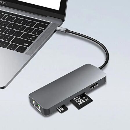 Type-C 8in1 4K Hdmi Rj45 Micro SD Tf 3xUsb 3.0 Şarj Girişli Hub Çevirici