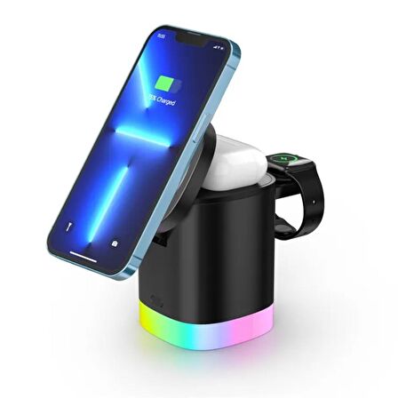 3in1 15w iPhone Airpods Watch Kablosuz Şarj Cihazı Rgb Işıklı T15