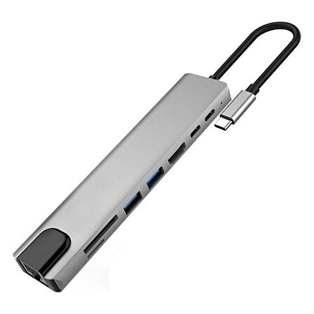 8in1 Type-C 4K Hdmi Rj45 Micro SD Tf 2xUsb3.0 2xType-C Hub Çevirici