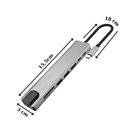 8in1 Type-C 4K Hdmi Rj45 Micro SD Tf 2xUsb3.0 2xType-C Hub Çevirici