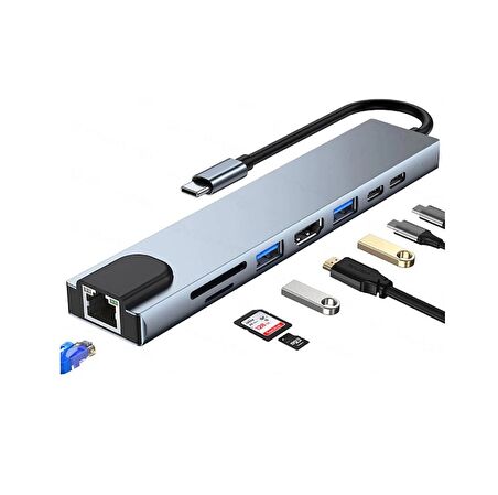 8in1 Type-C 4K Hdmi Rj45 Micro SD Tf 2xUsb3.0 2xType-C Hub Çevirici
