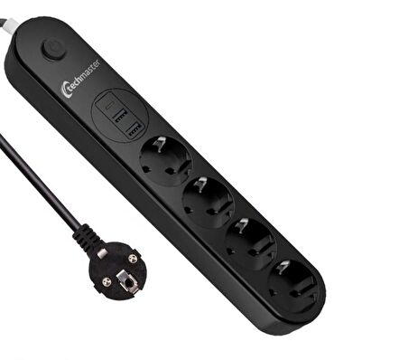 Techmaster 2 Usb+Type-C Akım Çocuk Korumalı 4lü Priz 2mt Siyah