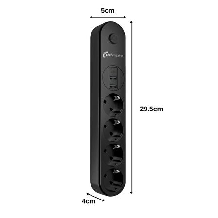Techmaster 2 Usb+Type-C Akım Çocuk Korumalı 4lü Priz 2mt Siyah