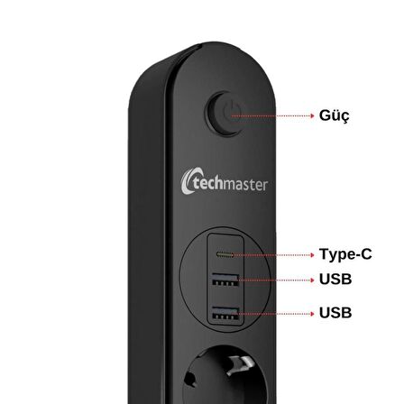 Techmaster 2 Usb+Type-C Akım Çocuk Korumalı 4lü Priz 2mt Siyah