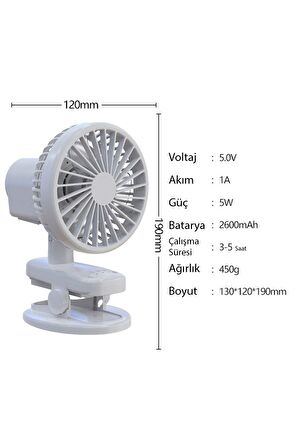 3 Kademe Şarjlı Mandallı 120° Taşınabilir Fan Vantilatör F02