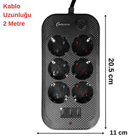 Techmaster 3 Usb Akım Çocuk Korumalı 6lı Priz 2mt Kablo
