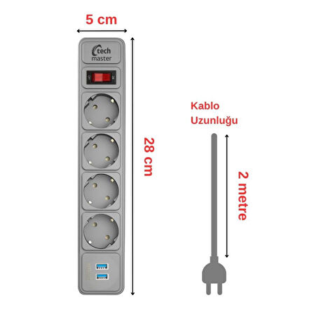 Techmaster 2 Usb Akım Çocuk Korumalı 4lü Priz 2mt Gri