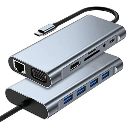 11in1 Type-c to Usb Hdmı 4xUsb Rj45 Hdmi Vga Sd Tf Card Çevirici Adaptör