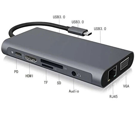 11in1 Type-c to Usb Hdmı 4xUsb Rj45 Hdmi Vga Sd Tf Card Çevirici Adaptör