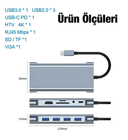 11in1 Type-c to Usb Hdmı 4xUsb Rj45 Hdmi Vga Sd Tf Card Çevirici Adaptör