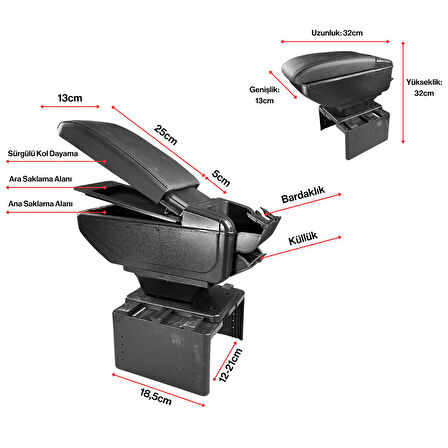 Universal Her Araca Uyumlu Sürgülü Kol Dayama Kolçak Bardaklık ve Küllüklü