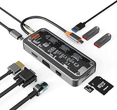 Type-C Audio Pd HDMI Vga Rj-45 Ethernet SD TF 3X Usb 3.0 Hub Çevirici SW10V