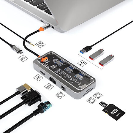 Type-C Audio Pd HDMI Vga Rj-45 Ethernet SD TF 3X Usb 3.0 Hub Çevirici SW10V