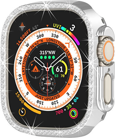 Apple Watch Ultra Ultra 2 49mm Uyumlu Tek Sıra Parlak Taşlı Rubber Kasa Kapak