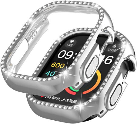 Apple Watch Ultra Ultra 2 49mm Uyumlu Tek Sıra Parlak Taşlı Rubber Kasa Kapak