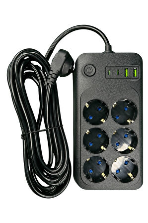 Techmaster 2 Usb 2 Type-C Akım Çocuk Korumalı 6lı Priz 5mt Kablo