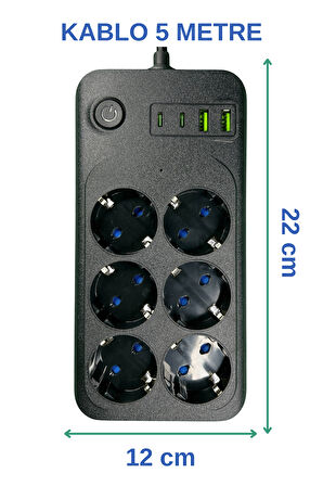 Techmaster 2 Usb 2 Type-C Akım Çocuk Korumalı 6lı Priz 5mt Kablo