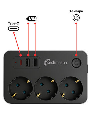 Techmaster 2 Usb + Type-C Akım ve Çocuk Korumalı 3lü Kare Priz 5mt