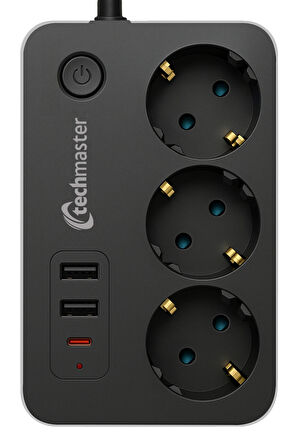 Techmaster 2 Usb + Type-C Akım ve Çocuk Korumalı 3lü Kare Priz 2mt