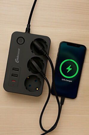 Techmaster 2 Usb + Type-C Akım ve Çocuk Korumalı 3lü Kare Priz 2mt