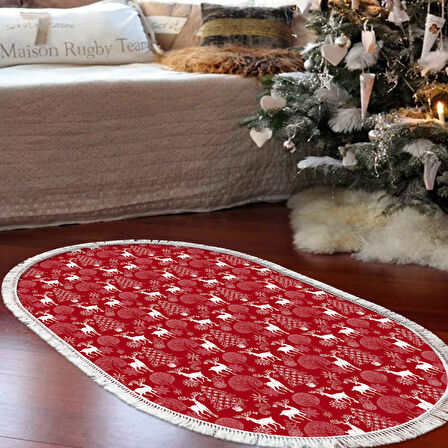 Alanur Home Yılbaşına Özel Keçe Dijital Yıkanabilir Oval Halı Chr3M