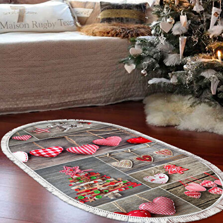 Alanur Home Yılbaşına Özel Pamuk Dijital Yıkanabilir Oval Halı Chr14M
