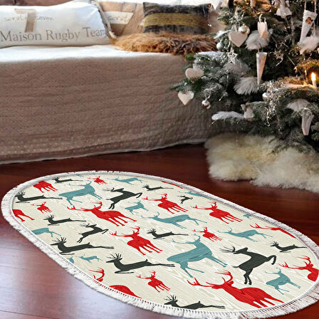 Alanur Home Yılbaşına Özel Pamuk Dijital Yıkanabilir Oval Halı Chr7M