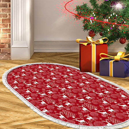 Alanur Home Yılbaşına Özel Pamuk Dijital Yıkanabilir Oval Halı Chr3M
