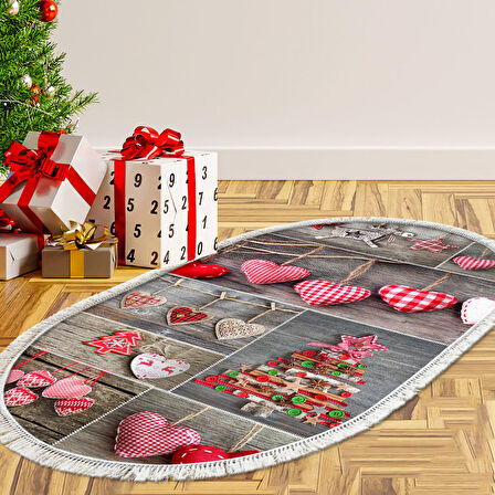 Alanur Home Yılbaşına Özel Keçe Dijital Yıkanabilir Oval Halı Chr14M
