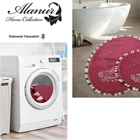 Alanur Home Karahindiba Nakışlı Oval Pamuklu 2 Li Banyo Banyo Paspası