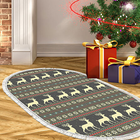Alanur Home Yılbaşına Özel Keçe Dijital Yıkanabilir Oval Halı Chr2M