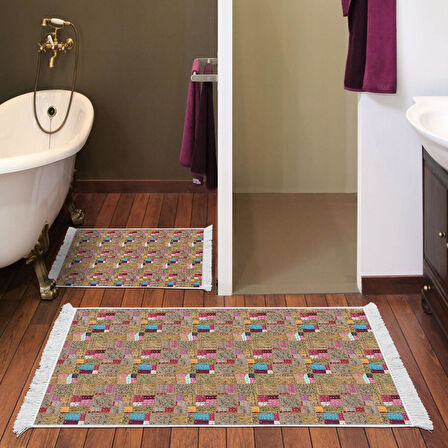 Dekoreko Kaymaz Taban Djt 2 Li Banyo Paspas Takımı Yıldız Deri Saçaklı Modern 2155M