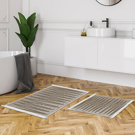 Dekoreko Kaymaz Taban Djt 2 Li Banyo Paspas Takımı Yıldız Deri Saçaklı Modern M5045