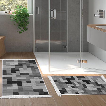 Dekoreko Kaymaz Taban Djt 2 Li Banyo Paspas Takımı Yıldız Deri Saçaklı Modern Mu113