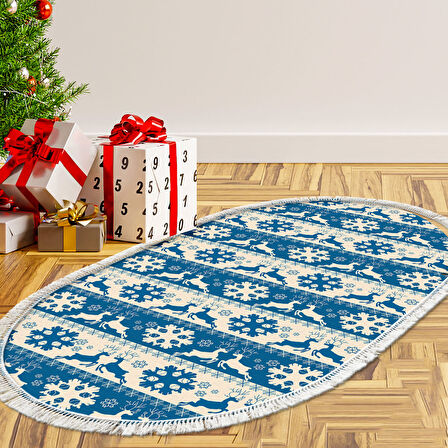 Alanur Home Yılbaşına Özel Pamuk Dijital Yıkanabilir Oval Halı Chr5M