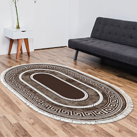 Dekoreko Kaymaz Taban Djt Salon Halısı Yıldız Deri Saçaklı Oval Modern 651M
