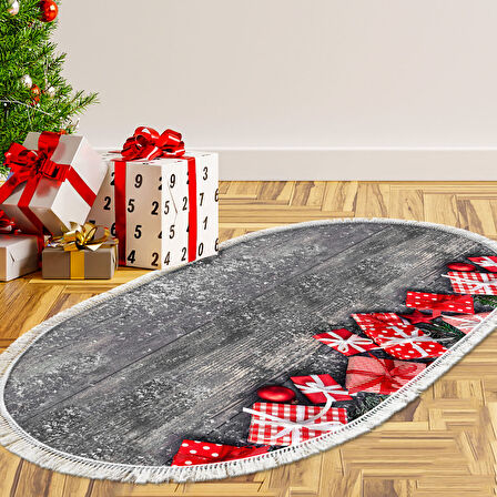 Alanur Home Yılbaşına Özel Keçe Dijital Yıkanabilir Oval Halı Chr1M