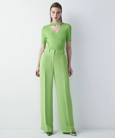 Cutout Wide Leg Fit Pantolon-Parlak Yeşil | 34