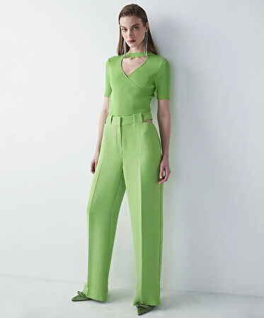 Cutout Wide Leg Fit Pantolon-Parlak Yeşil | 34