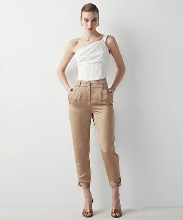 Dokulu Çıtçıt Aksesuarlı Pantolon-Naturel | 42