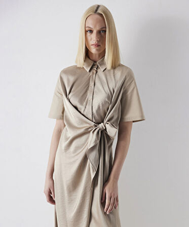 Saten mix Gömlek Elbise-Açık Natural | 40