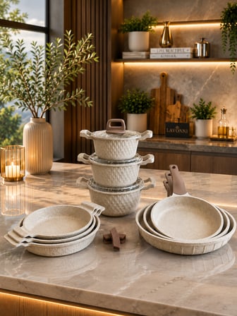 Obsidyen Prestige Mega Set 12 Parça Döküm Granit Tencere Tava ve Sahan Seti 16-18-20 cm Tencere 18-20-22 cm Sahan 20-24-28 cm Tava Cappuccino